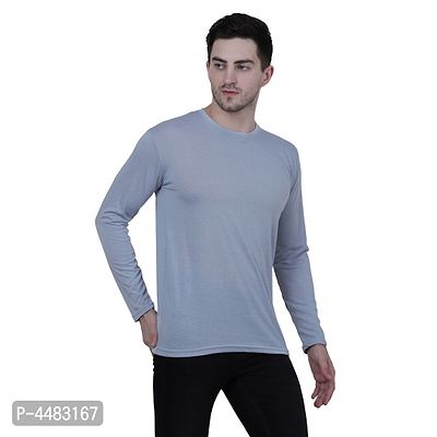 Men's Grey Polycotton Solid Round Neck Tees-thumb2