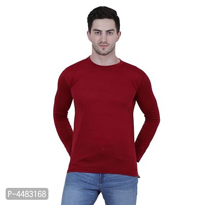 Men's Maroon Polycotton Solid Round Neck Tees