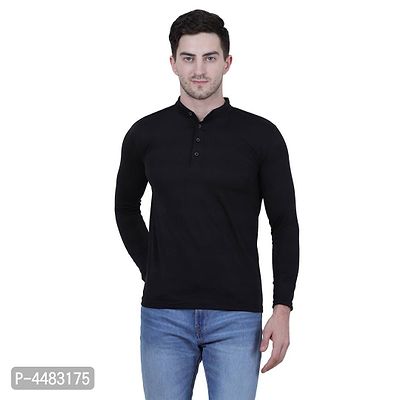 Men's Black Polycotton Solid Henley Tees