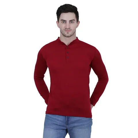 Elegant Solid Polycotton Full-sleeve Comfortable Henley T-shirt for Men