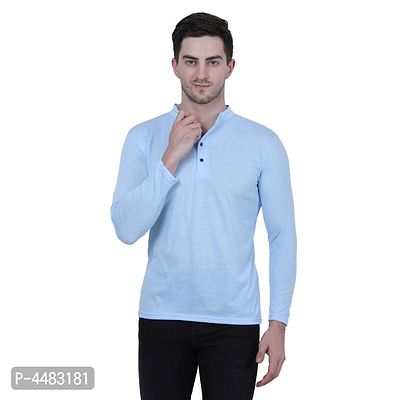 Reliable Blue Polycotton Solid Henley Tees For Men