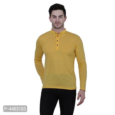 Men's Yellow Polycotton Solid Henley Tees