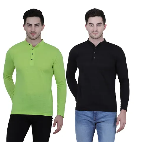 Multicolored Cotton Blend Solid Henley T Shirt Combo