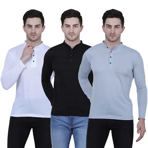 Pack Of 3 Multicoloured Cotton Blend Solid Henley T Shirt