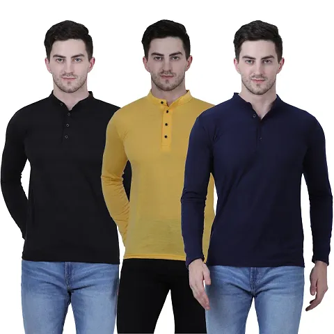 Pack Of 3 Multicoloured Cotton Blend Solid Henley T Shirt