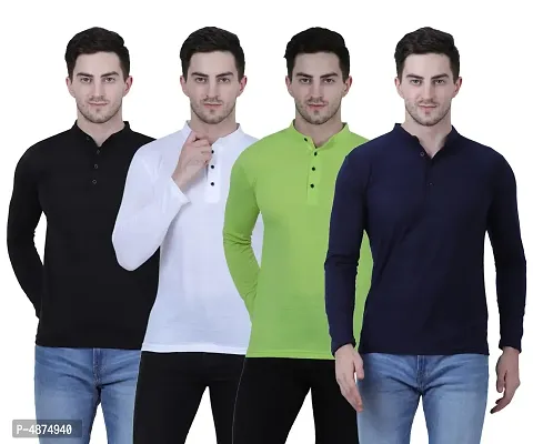 Men's Multicoloured Cotton Blend Solid Henley Tees (Pack of 4)-thumb0