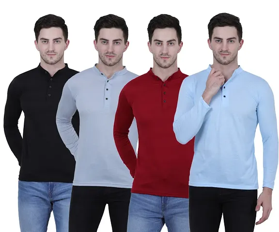 Pack Of 4 Multicoloured Cotton Blend Solid Henley T Shirt