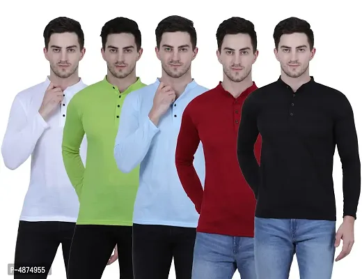 Men's Multicoloured Cotton Blend Solid Henley Tees (Pack of 5)-thumb0