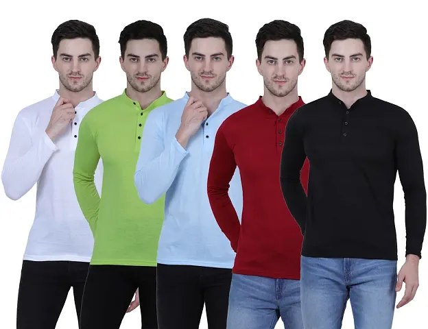 Pack Of 5 Multicoloured Cotton Blend Solid Henley T Shirt