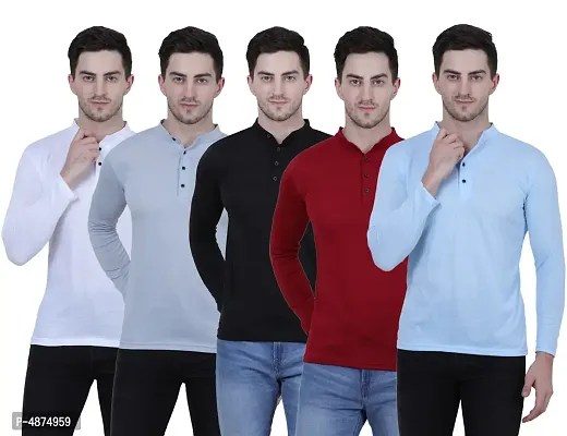 Men's Multicoloured Cotton Blend Solid Henley Tees (Pack of 5)