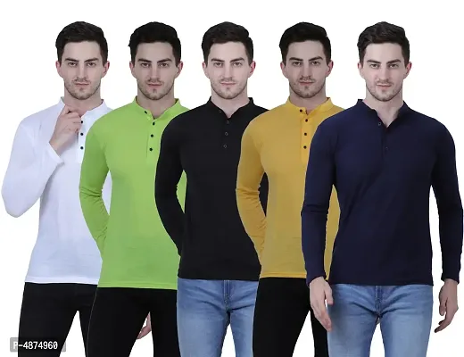Men's Multicoloured Cotton Blend Solid Henley Tees (Pack of 5)-thumb0