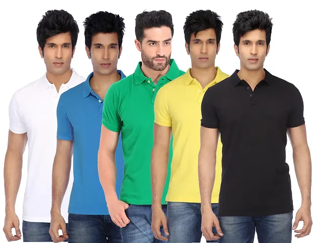 Men's Multicoloured Polyester Polo Solid T Shirt pack of 5