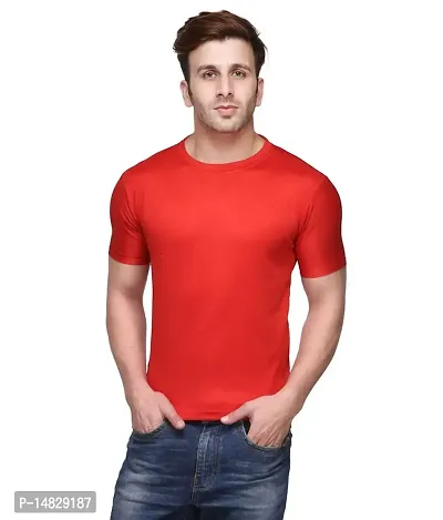 Reliable Red Polyester Blend Solid Round Neck Tees For Men-thumb0