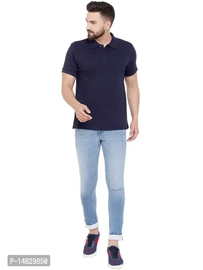 Reliable Blue Cotton Blend Solid Polos For Men