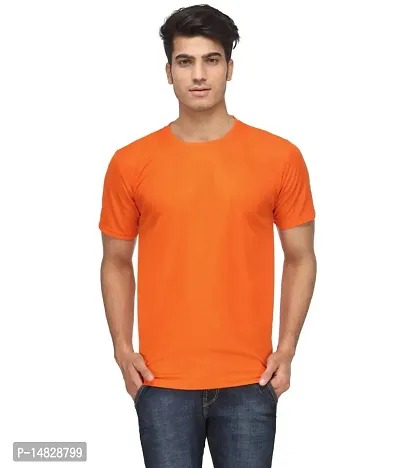 Reliable Orange Polyester Blend Solid Round Neck Tees For Men