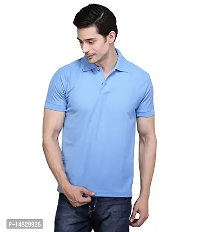 Reliable Blue Cotton Blend Solid Polos For Men