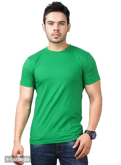 Reliable Green Cotton Blend Self Pattern Round Neck Tees For Men