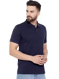 Reliable Navy Blue Cotton Blend Solid Polos For Men-thumb1