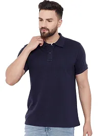 Reliable Navy Blue Cotton Blend Solid Polos For Men-thumb3