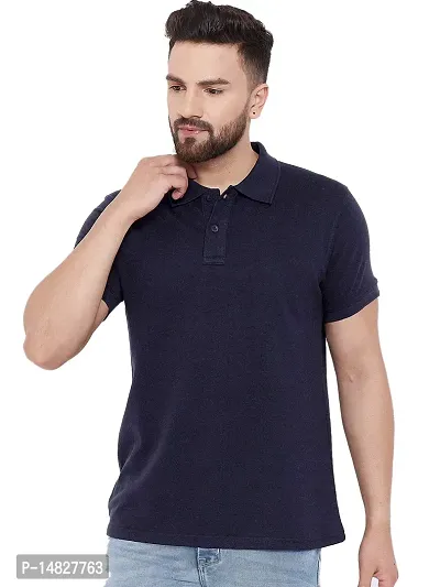 Reliable Navy Blue Cotton Blend Solid Polos For Men-thumb4