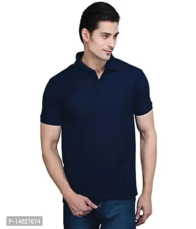 Reliable Navy Blue Cotton Blend Solid Polos For Men