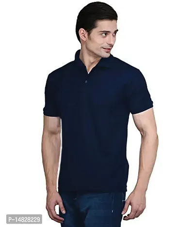 Reliable Navy Blue Cotton Blend Solid Polos For Men-thumb2