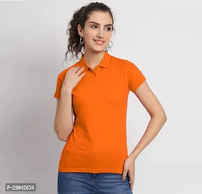 Elegant Orange Cotton Blend Solid Tshirt For Women-thumb0