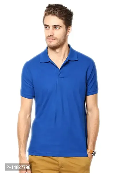 Reliable Blue Cotton Blend Solid Polos For Men-thumb0