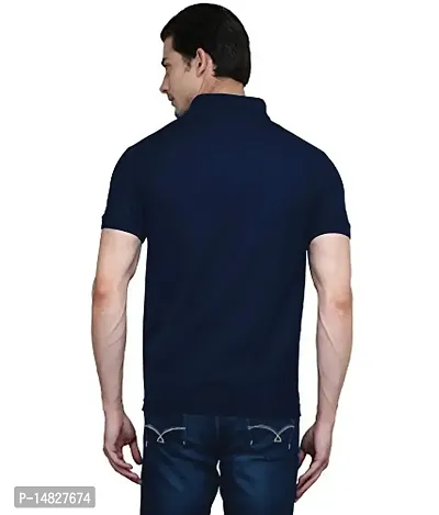 Reliable Navy Blue Cotton Blend Solid Polos For Men-thumb3