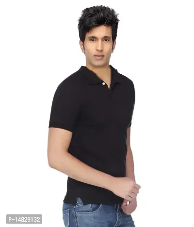 Reliable Black Cotton Blend Solid Polos For Men-thumb2