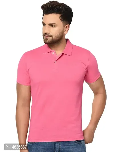 Reliable Pink Cotton Blend Solid Polos For Men