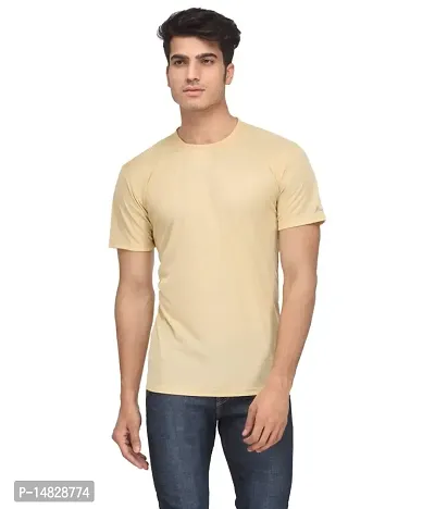 Reliable Beige Cotton Blend Self Pattern Round Neck Tees For Men