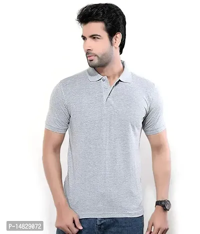 Reliable Grey Cotton Blend Solid Polos For Men