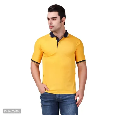 Reliable Yellow Cotton Blend Solid Polos For Men
