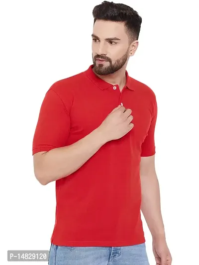 Reliable Red Cotton Blend Solid Polos For Men