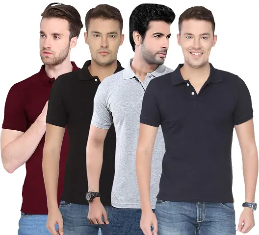 Men's Multicoloured Polyester Blend Solid Polo T Shirt Pack of 4