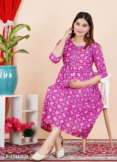 Attractive Pink Cotton Printed Maternity Kurti For Women