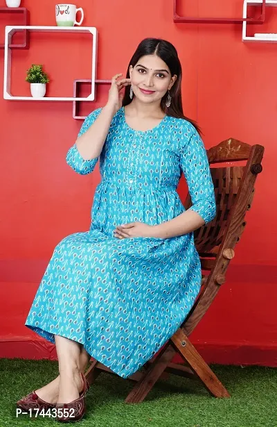 Attractive Turquoise Cotton Printed Maternity Kurti For Women