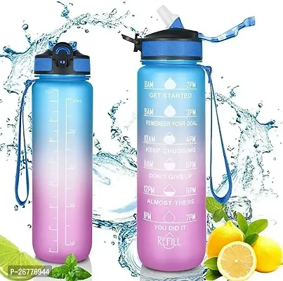 Unbreakable Motivational Water Bottle with Time Marker Sipper Strap Straw and Stickers, Leakproof Durable BPA Free Non-Toxic for Office Gym Travel Sports School for Kids Adults, Random Color-thumb0