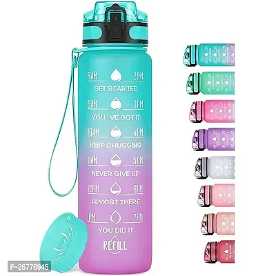 Unbreakable Motivational Water Bottle with Time Marker Sipper Strap Straw and Stickers, Leakproof Durable BPA Free Non-Toxic for Office Gym Travel Sports School for Kids Adults, Random Color-thumb0