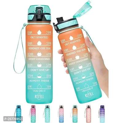 Unbreakable Motivational Water Bottle with Time Marker Sipper Strap Straw and Stickers, Leakproof Durable BPA Free Non-Toxic for Office Gym Travel Sports School for Kids Adults, Random Color-thumb0