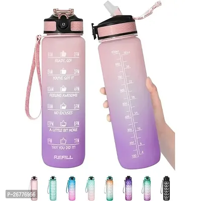 Unbreakable Motivational Water Bottle with Time Marker Sipper Strap Straw and Stickers, Leakproof Durable BPA Free Non-Toxic for Office Gym Travel Sports School for Kids Adults, Random Color