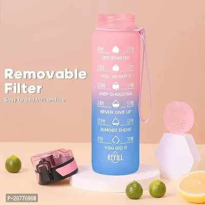 Unbreakable Motivational Water Bottle with Time Marker Sipper Strap Straw and Stickers, Leakproof Durable BPA Free Non-Toxic for Office Gym Travel Sports School for Kids Adults, Random Color-thumb0