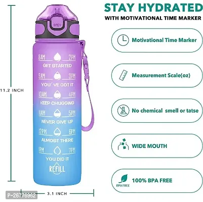 Unbreakable Motivational Water Bottle with Time Marker Sipper Strap Straw and Stickers, Leakproof Durable BPA Free Non-Toxic for Office Gym Travel Sports School for Kids Adults, Random Color-thumb0