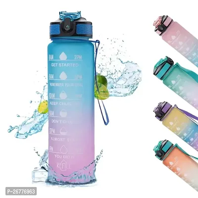 Unbreakable Motivational Water Bottle with Time Marker Sipper Strap Straw and Stickers, Leakproof Durable BPA Free Non-Toxic for Office Gym Travel Sports School for Kids Adults, Random Color