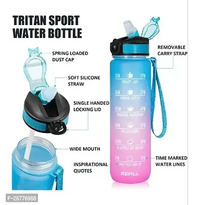 Unbreakable Motivational Water Bottle with Time Marker Sipper Strap Straw and Stickers, Leakproof Durable BPA Free Non-Toxic for Office Gym Travel Sports School for Kids Adults, Random Color-thumb0