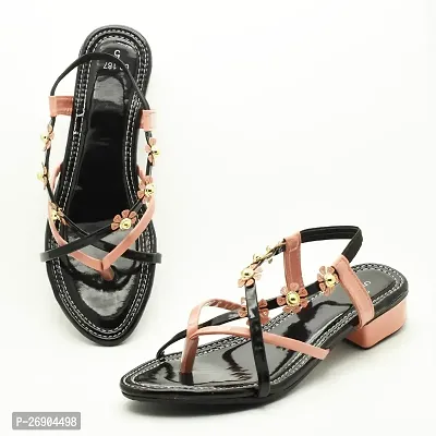 Elegant Black Leather Self Design Sandals For Women