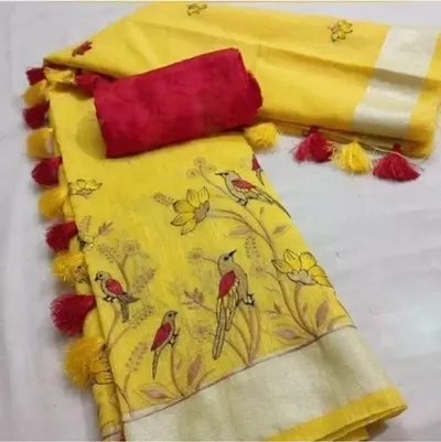 Floral Printed Linen Saree with Blouse piece