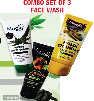 COMBO PACK FACE WASH (3PCS) ACTIVATED CHARCOAL FACE WASH 100ML + NEEM FACE WASH 100ML + HALDI CHANDAN FOR Clear Dead Skin Cell Cooling Freshness Charcoal Beads Pimple and Blackhead Reduction