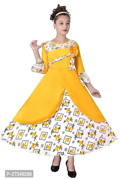 Stylish Rayon Yellow Printed Frocks For Girls-thumb0